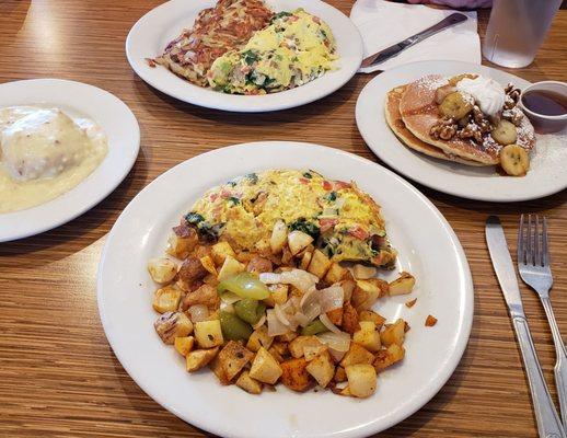 Ordered the Mediterranean & Athenian Omelet, Banana Nut Pancakes & Biscuits with Gravy.