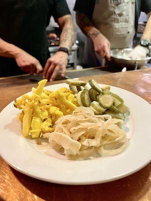 Plate of Pickles (shaved fennel, dill pickles, and curried cauliflower).