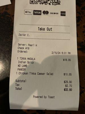 Receipt showing I payed 19$ for a vegetarian tiny bowl of undercooked rice & mushy paneer in a Oil tasting substance they call TIKKA MASALA