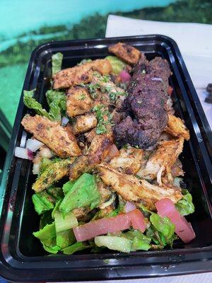 Chicken kabob salad with added kofta kabob