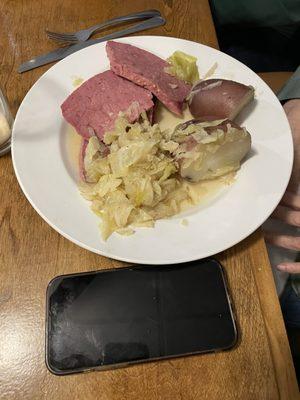 St Pats special-3 large pieces of corned beef with potatoes and cabbage.