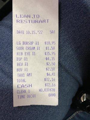 This is our receipt for the purchases they charged us for that you can see is the wrong according to the menu prices.