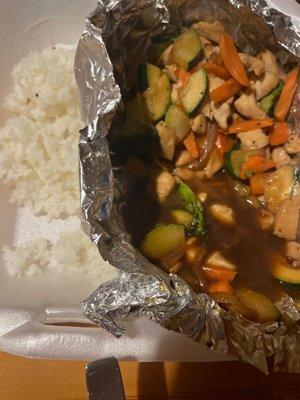 Teriyaki Chicken. Watery, flavorless chicken veggie stew...