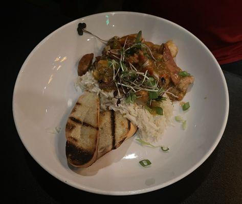 Chef's Special Shrimp, Grilled Andouille Sausage, Pork Tenderloin Etouffee, Basmati Rice, Garlic Oil, Grilled Baguette