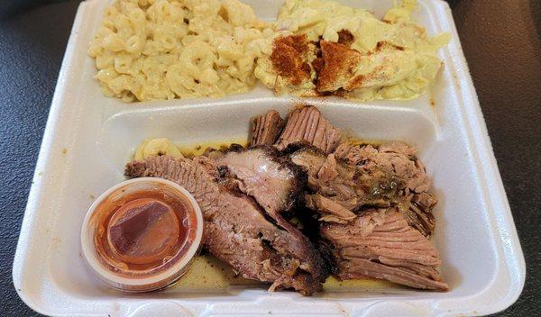 1 Meat Dinner + 2 Sides ( Sliced Brisket with Mac & Cheese and Potato Salad )