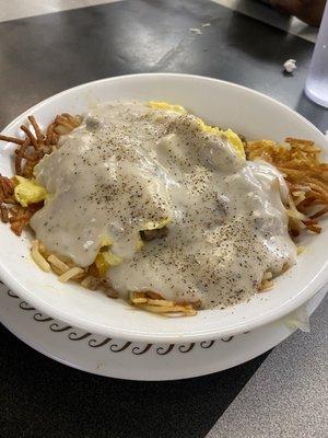 Sausage Egg & Cheese Hashbrown Bowl with gravy