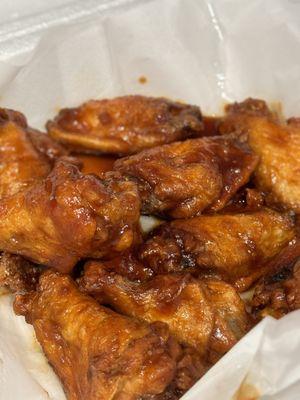 Wings candy creole (maybe messing flavor up). Sweet and spicy, cooked good.