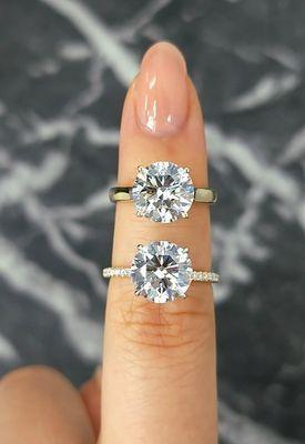 3ct Round Brilliant cuts on a Cartier style solitaire GB setting vs. Tiffany style pave GB setting