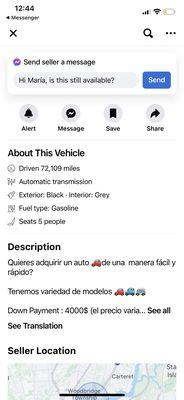 Description of vehicle... No mention of $12,000 being the down payment which they claimed later