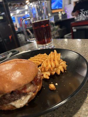 Bacon Cheddar Burger with waffle fries and Sam Adams Winter Lager.