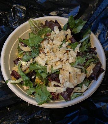 farmhouse salad (dried cranberries, wonton chips, and sunflower seeds) with Apple Cider Vinaigrette dressing.