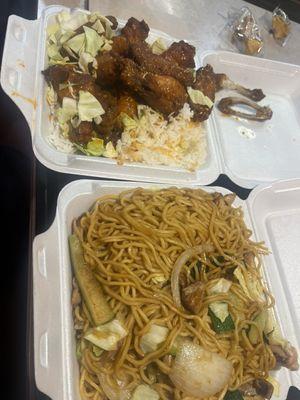 Wings and chowmein noodles