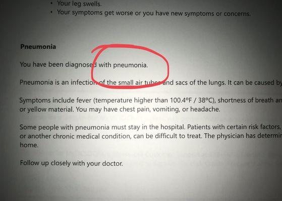 Pneumonia diagnosis one week after my appt, which I was told to take Flonase for "allergy."