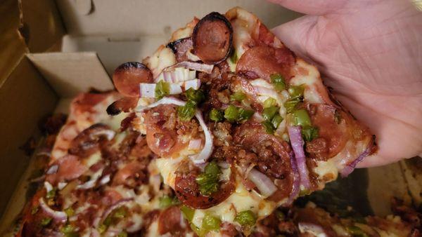 QTR Sheet (6 slice) Cheese, Pepperoni, Bacon, Green Pepper, Onion Pizza: Every slice was authentic Buffalo-style, perfection!