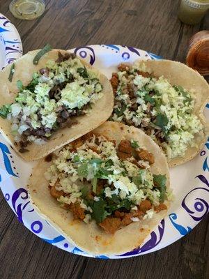 Asada, pollo, and al pastor taco