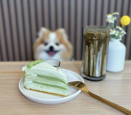 Pandan Coconut Mille Crêpe ($11) + Hōjicha Latte w/ oat milk ($7.50)