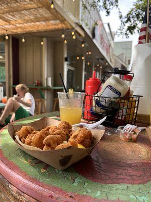 Shrimp tacos, mango refresher