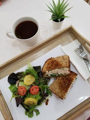 Chicken salad sandwich and Raspberry Black Tea.