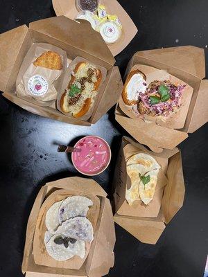 Borscht, blueberry pirogies, kielbasa dog, chicken sandwich, potatoe pirogies.