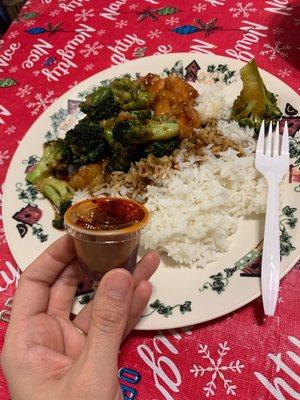 Shrimp  with Brocolli, white rice and chilé cup.