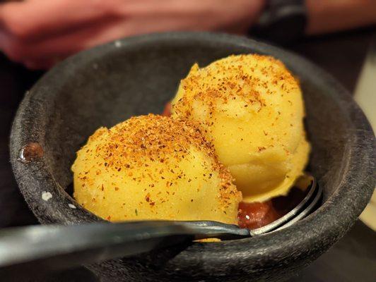 Mango sorbet with compote and chile