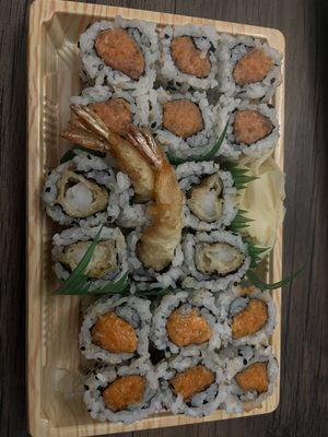 SPICY SALMON ROLL, CRUNCHY SPICY TUNA ROLL, and shrimp tempura roll