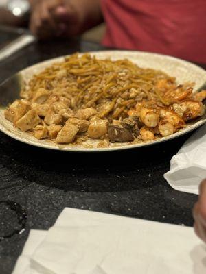 Steak chicken & shrimp rice & noodle hibachi