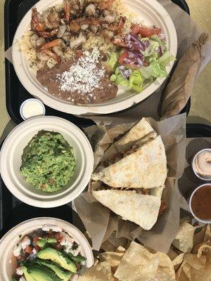 Camarones Al Mojo de Ajo, organic guacamole with thin crispy house made chips, lemony shrimp ceviche and cheesy grilled shrimp quesadilla