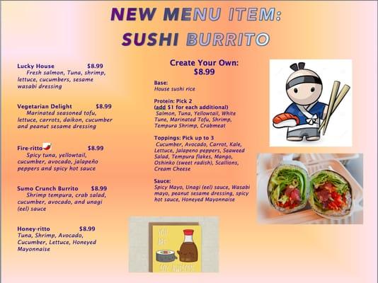 Introducing the NEW sushi burrito, the new sushi trend coming to Norwich! Come stop by and try it out today!