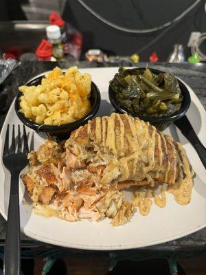 Crab stuffed Salmon w/Mac N Cheese & Greens.