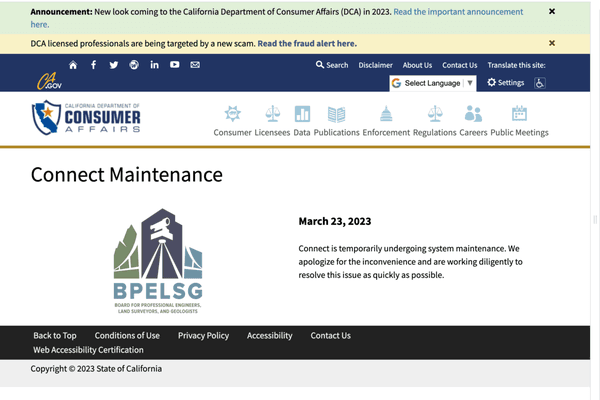 DCA's CONNECT web page indicating maintenance