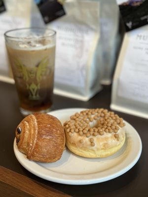 Cold foam iced coffee honey lavender, chocolate croissant, salted caramel donut