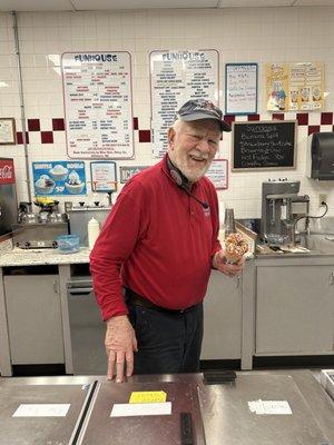 Very sweet older gentleman who makes every ice cream cone with care & love