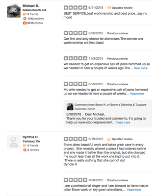 Great reviews which have been unrecommended by Yelp.