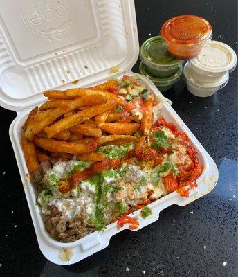 Mixed platter over rice with fries