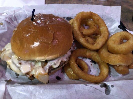 The Shroom Burger and onion rings