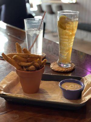 Fried pickles with a long Island tea.