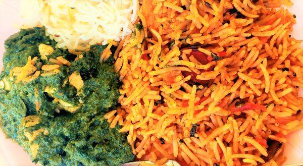 Saag Paneer and Shrimp Biryani