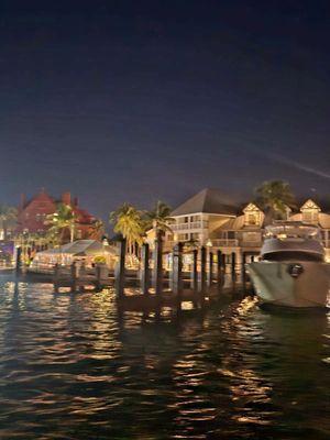 The marina and pier at night