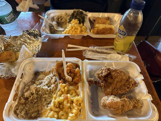 Fried chicken, rice with gravy, yams, Mac n cheese  Corn bread .