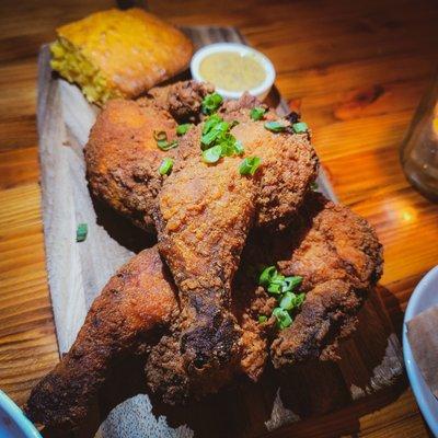 Buttermilk fried chicken with corn bread. This is today special. Chicken was burnt in some places but overall good. Corn bread was nice!