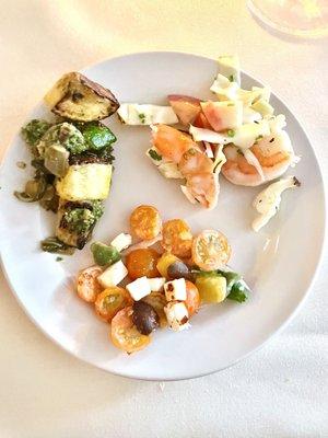 Plate - Summer squash, sungold tomatoes with ricotta, and cold shrimp salad