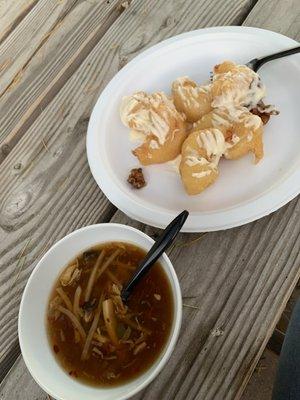 Walnut shrimps (I attempted to drizzle sauce), and hot and sour soup.