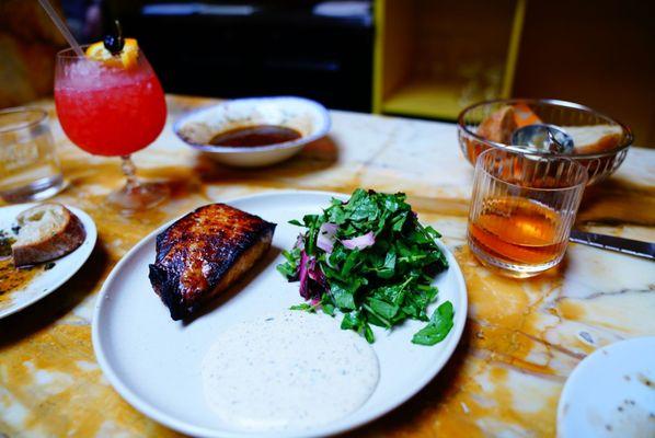 Blackened swordfish belly. Life changingly fatty and meaty and delicious. Sauce and salad provide valuable acid.