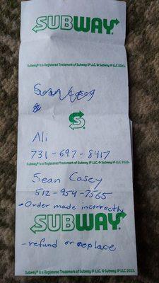 Employee's written note for incorrect order and to replace the sandwiches which Ali (the owner) did not want to honor.