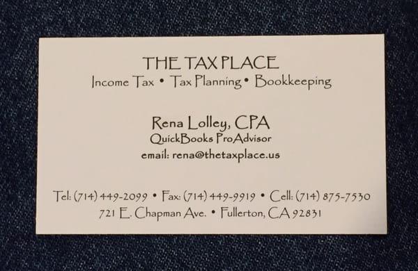 Business Card: Rena Lolley, CPA, Income Tax Preparation, Tax Planning, Bookkeeping, Fullerton, CA, 714-449-2099.