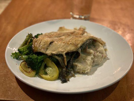 Trout Almondine, mashed potatoes and steamed broccoli & squash - this is a legit restaurant and not some airport