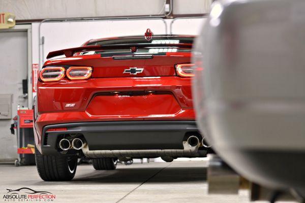 2022 Camaro SS...
 In for the works! Wheels off service, paint correction, and the CQuartz Professional Ceramic Coating Treatment!