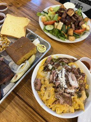 The Double, BBQ Salad with sausage, and Mac Attack