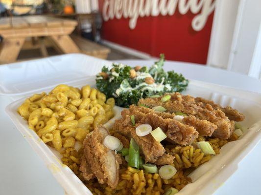 Chkn Strips plate with Kale Caesar & Soul Mac